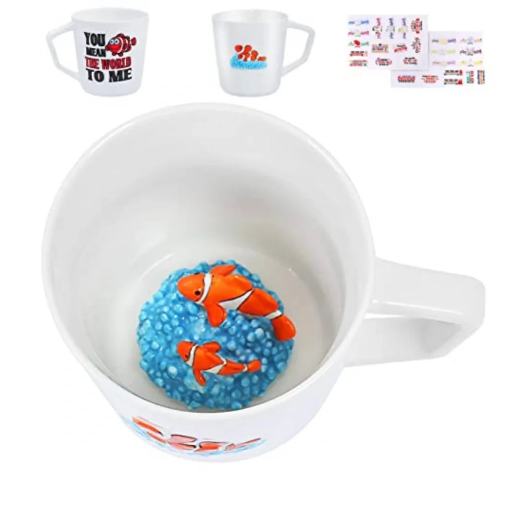Large 3D Ceramic Coffee Cup with Hand Painted Clownfish Inside